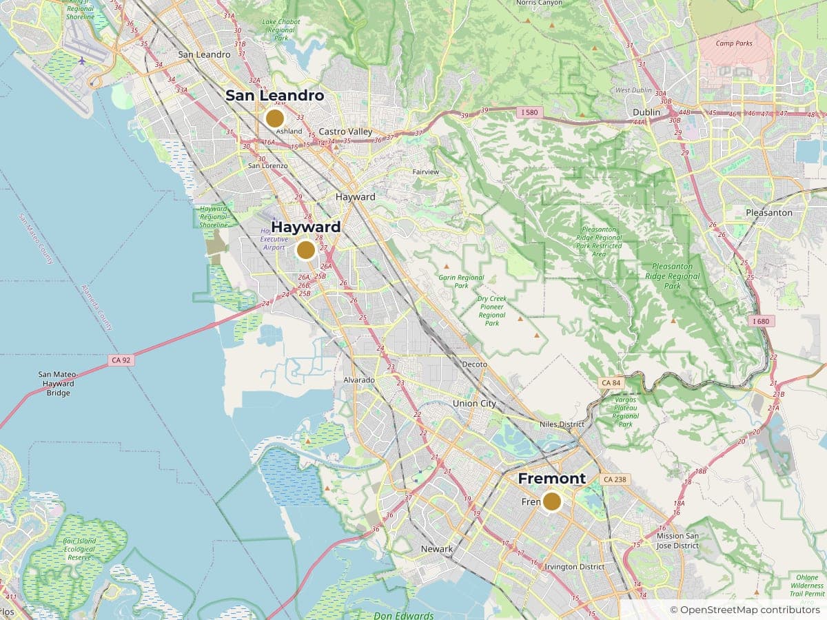 Map of the three Mission Primary Care clinics across San Leandro, Hayward and Fremont