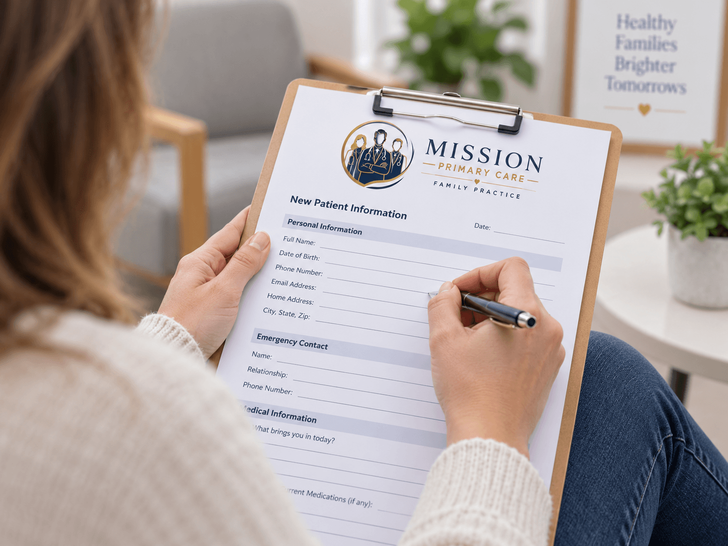 A patient filling in a Mission Primary Care new patient form in the waiting room